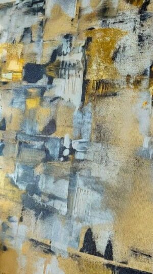 Abstract textured artwork with gold, grey, and black tones created using acrylics and palette knives on canvas.